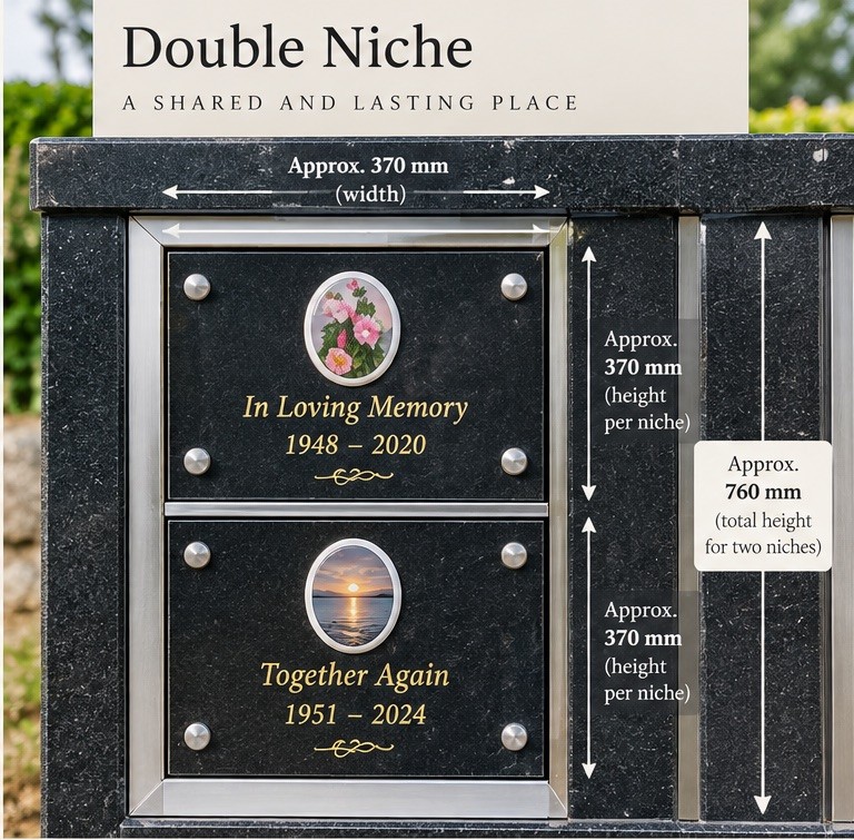 A double niche, two stacked granite panels about 760mm tall in total, personalised with photographs, names and dates