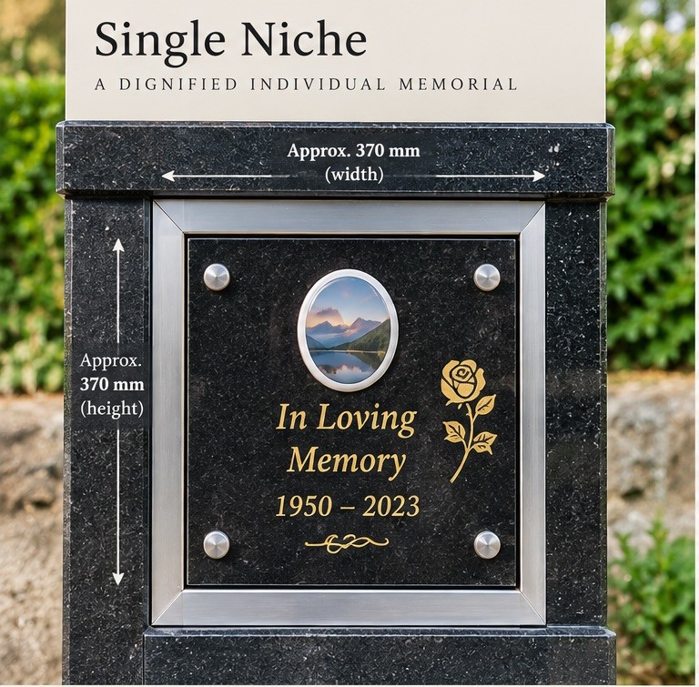 A single niche granite panel, approximately 370mm square, personalised with a photograph, name and dates